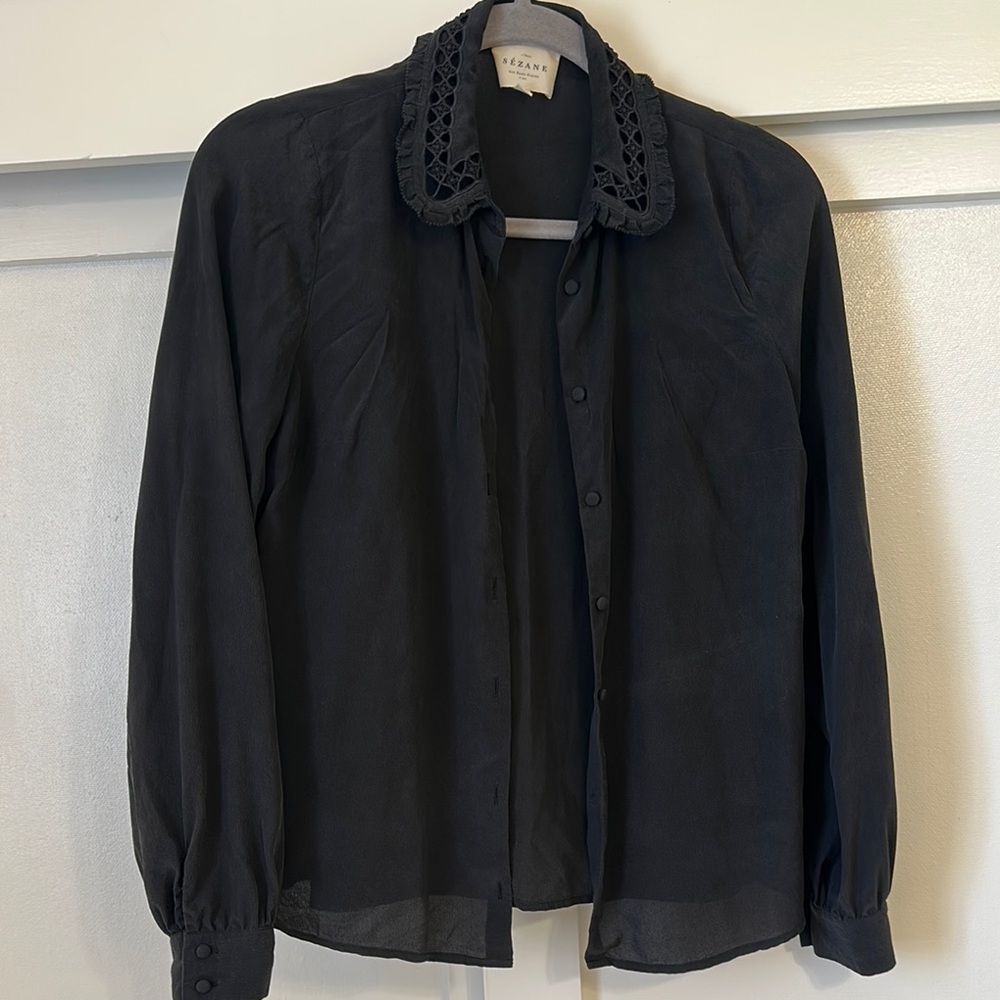 Sezane Black Silk Blouse with Detailed Lace Collar